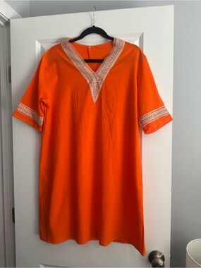 Women's Orange V-Neck Crochet Trim Shift Dress or Beach Cover up- size Large